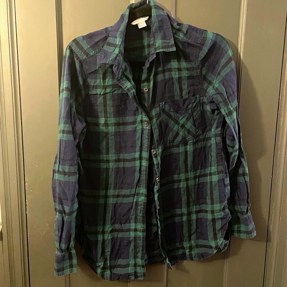 Old Navy The Classic Shirt Women's M Green Blue Plaid Flannel Cotton Button-Up